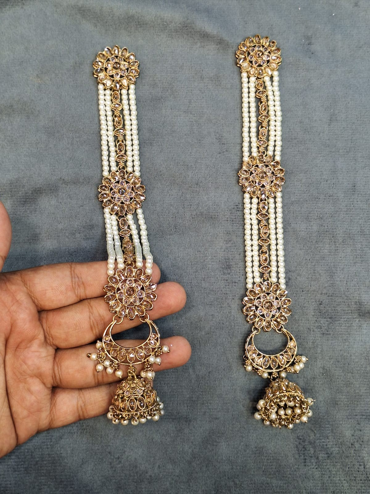 Long antique gold sahara jhumka earrings with pearl chains, chandbali and jhumka drop