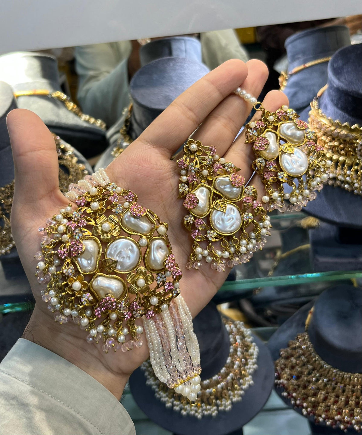 Turkish choker set with earrings and tikka, baby pink stones