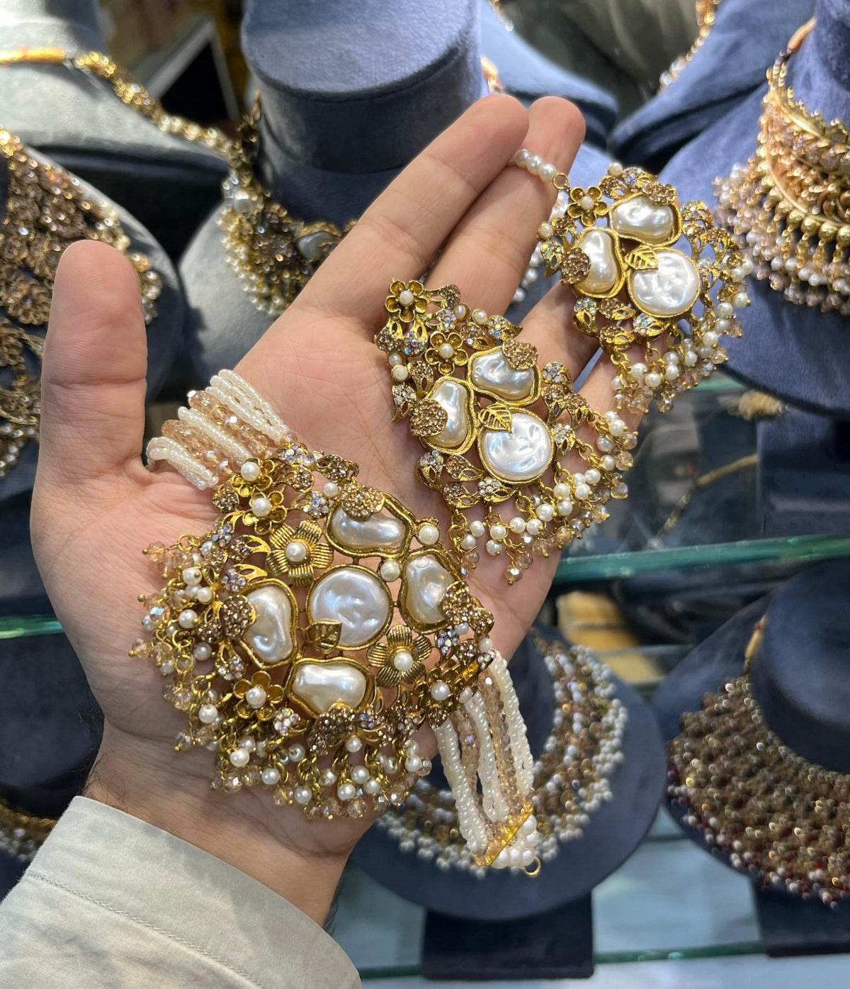 Turkish choker set with earrings and tikka, pearl white and gold