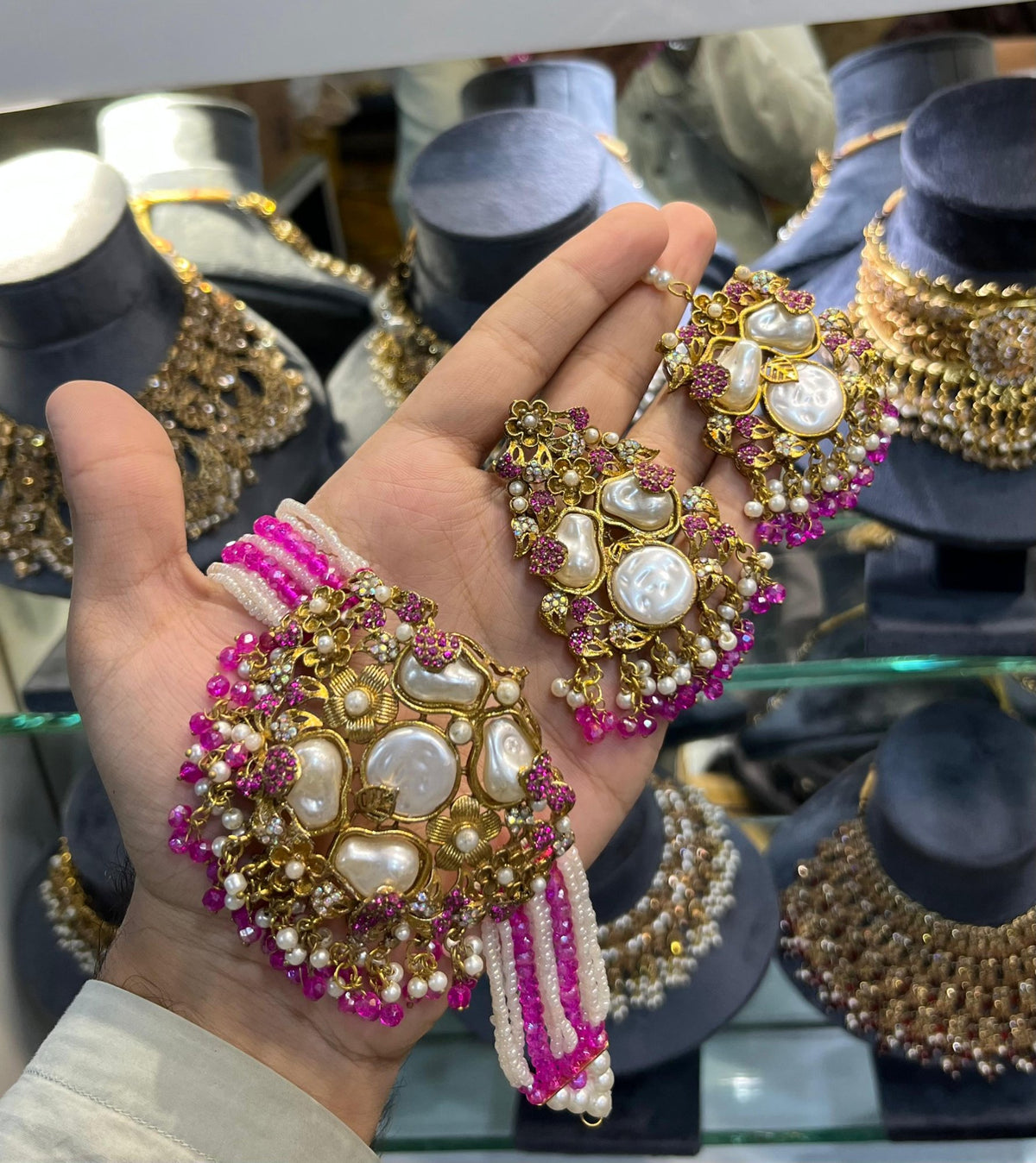Turkish choker set with earrings and tikka, shocking pink stones