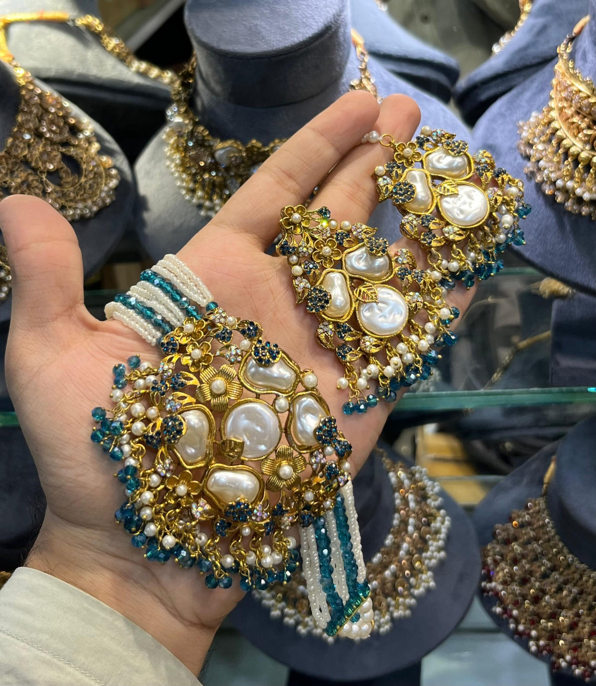 Turkish choker set with earrings and tikka, teal blue stones