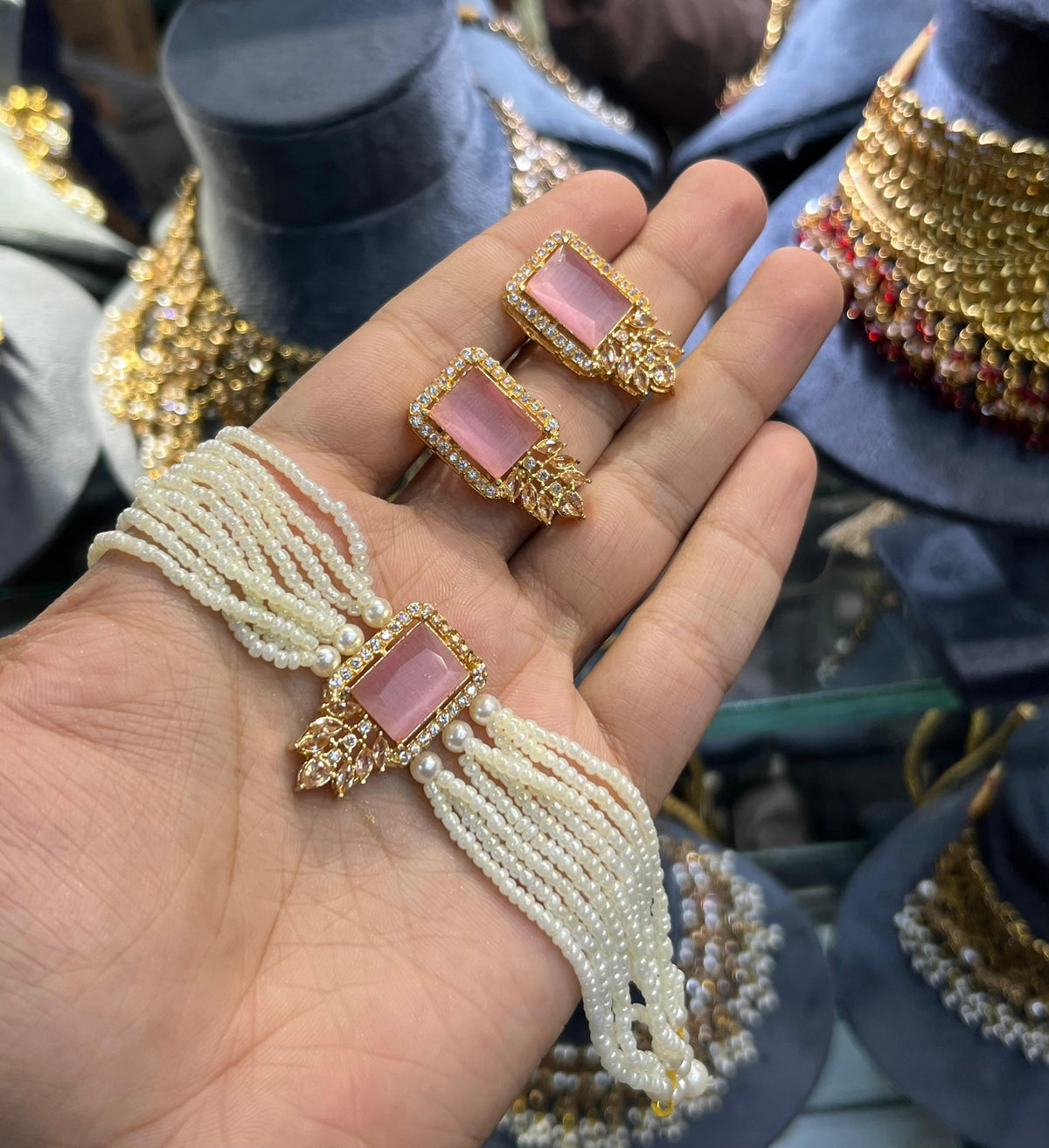 Gold polish zarqoon pearl choker set with earrings, blush pink stone