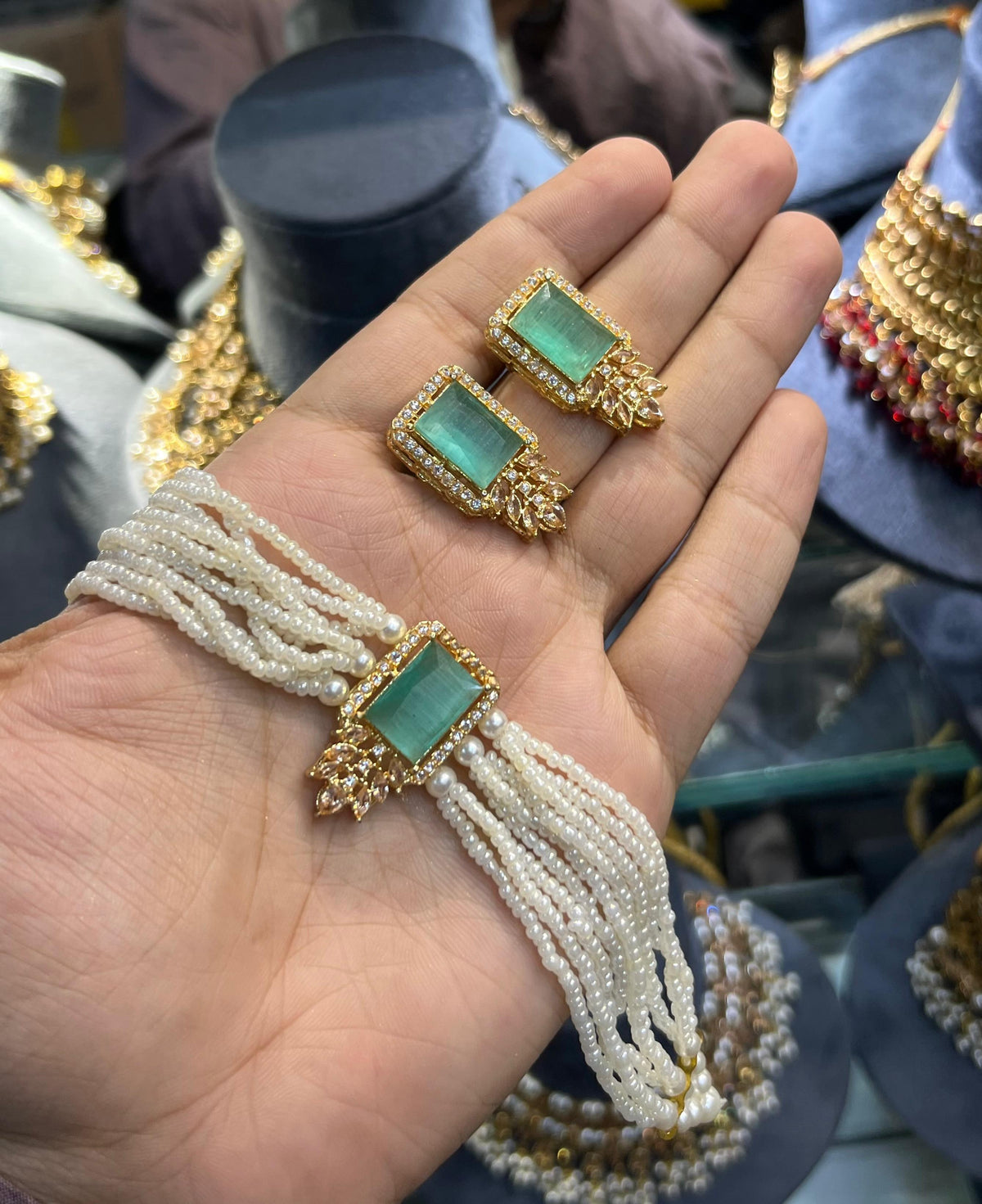 Gold polish zarqoon pearl choker set with earrings, mint green stone