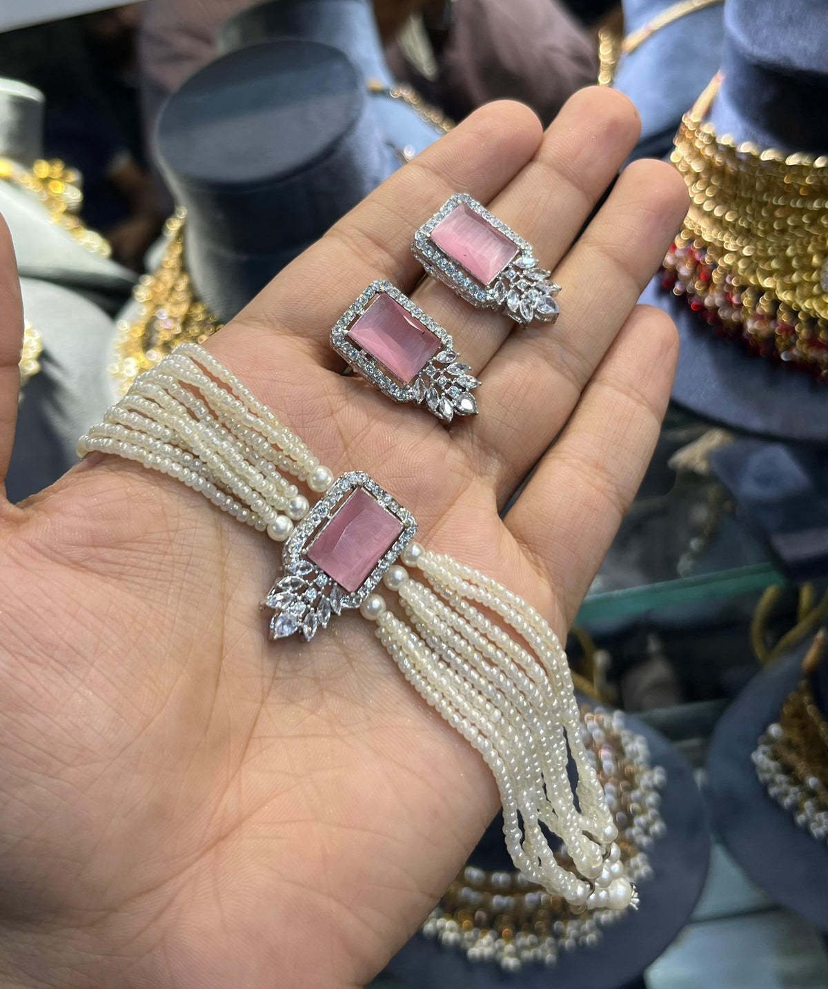 Silver zarqoon pearl choker set with earrings, blush pink stone