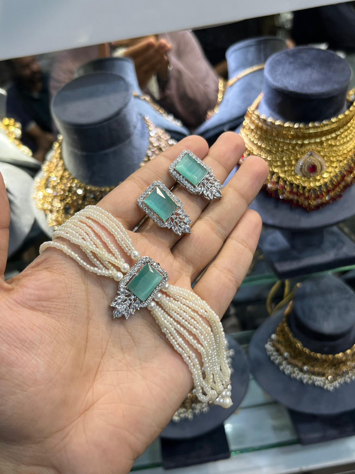 Silver zarqoon pearl choker set with earrings, mint green stone